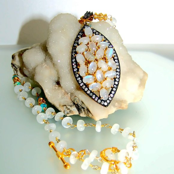 Moonstone Blue Opal Gemstone Vermeil Sterling Silver Necklace - Picture 4 of 6